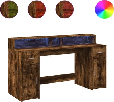 A wooden desk with blue LED lighting.