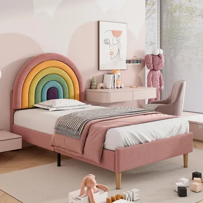 Immagine prodotto di Letto imbottito 90 x 200 cm, con testiera regolabile in altezza, imbottita, rete a doghe, rivestito in velluto, colore rosa