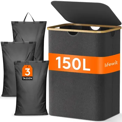Image de Panier à linge pliable en bambou - 150 litres - Gris foncé - 3 compartiments avec sacs amovibles