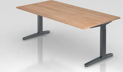 Produktbild von Schreibtisch Mika | Nussbaum | Graues Gestell | BxT 200x100cm | Arbeitshöhe 65-85cm | höhenjustierbar, 1cm Raster | C-Fuß-Gestell | Rechteckform