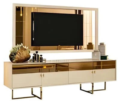 Produktbild von Goldene Wohnzimmer Garnitur Stilvolles Sideboard Moderne TV-Rahme 2tlg