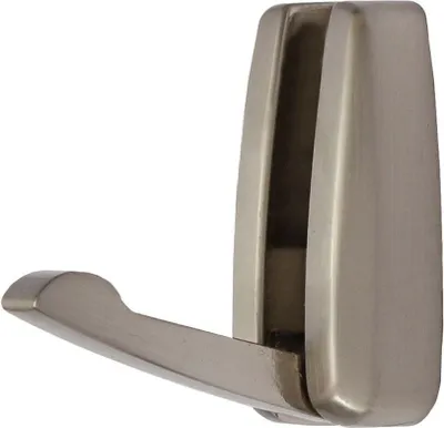 A single metallic coat hook with a folding arm, shown against a white background.
