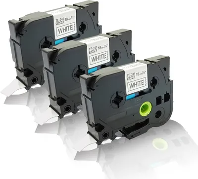 Three label maker tape cartridges are arranged diagonally on a white background.