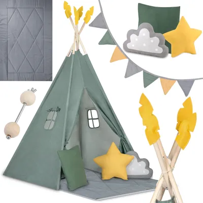 Imagen del producto de Tienda de campaña para niños, color verde, con guirnalda, cojines y una alfombra grande, ideal para interiores y exteriores