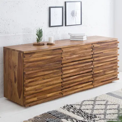 Produktbild von Massivholz Sideboard RELIEF 160cm braun Sheesham stone finish Kommode mit Schubladen
