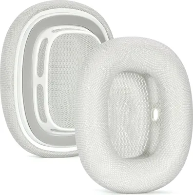 Two white ear pads for headphones are shown against a white background.