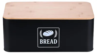 Broodtrommel aus Metall mit Bambusdeckel, schwarz, 13,5x33x19 cm