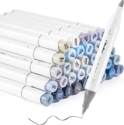 Obrázok produktu pre Obojstranné alkoholové popisovače Brush & Chisel OHUHU, 36 ks sivé + mixér