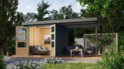 Produktbild von Karibu Gartenhaus Hybridhaus Metall Jupiter 2 im Set mit Anbaudach ca. 2,35 m breit anthrazit 438x213x208,5 cm