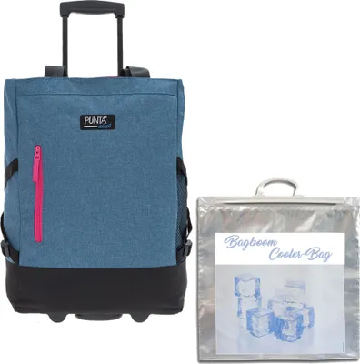 Produktbild von Einkaufstrolley Trolley Punta Wheel Einkaufsroller Einkaufswagen Shoppingtrolley Shopper Einkaufskorb mit Rollen und Gurten Trolly 10183 5300 TT Blau mit Pink Zip  + Bagboom Thermo TK Tasche