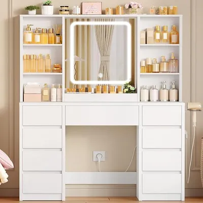 Produktbild von Große Schminktisch mit LED-Beleuchtung und Steckdosen, Schminktisch mit Spiegel, 7 offenen Ablagen für das Schlafzimmer, Weiß,9 Schubladen Schminktisch+LED Beleuchtung