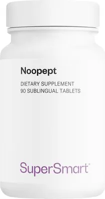 A white bottle of SuperSmart Noopept dietary supplement tablets.