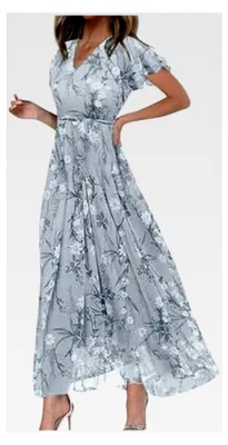 Produktbild von Wickelkleid für Damen Sommer Chiffon Maxikleid mit Rüschen Kurzarm Blumenkleid Strandkleid V-Ausschnitt Hohe Taille Partykleid Cocktailkleid Freizeitkleid