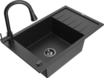 Produktbild von Mexen Elias 1 Becken-Granitspüle mit Abtropffläche und Mischbatterie Elia, Schwarz/Silbermetallic - 6511-73-670101-70-B