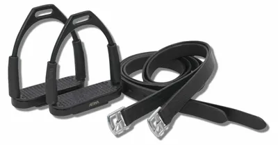 Produktbild von AMKA Steigbügel mit Gelenk schwarz Sicherheitssteigbügel mit Steigbügelriemen aus Leder im Set