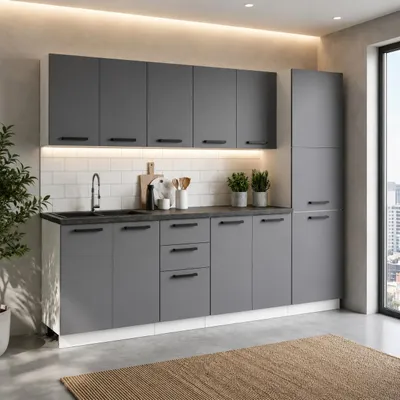 Produktbild von ULWEHOME | Küchenzeile 260 cm Anthrazit, Küchenmöbel-Set Grafit mit Vorratsschrank, Spülenschrank & geteilten Arbeitsplatten 120 cm, KI-generiertes Bild