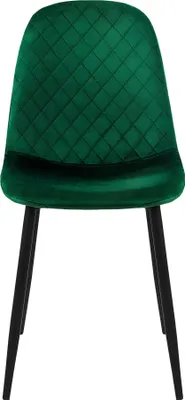 A dark green velvet dining chair with a diamond-stitched back and black metal legs, shown from the front against a white background.