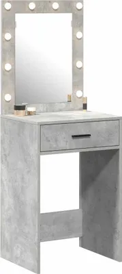 A vanity table with a mirror and lights.