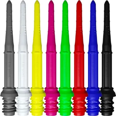 A row of colorful dart shafts.