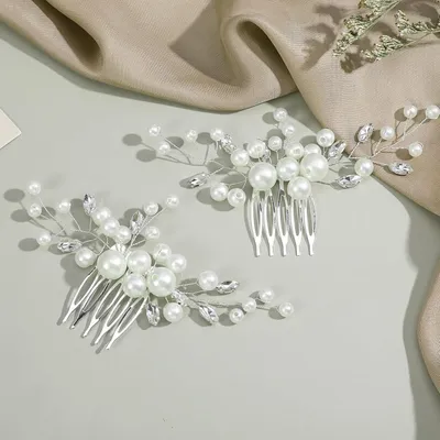 Produktbild von Set mit 2 Haarspangen für die Hochzeit mit Perlen und Strasssteinen – Brauthaarkamm – Accessoires für Frauen und Mädchen
