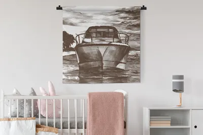 Produktbild von MuchoWow® Wandteppich Wandbehang Boot - Meer - Schwarz - Weiß 90x90 cm Tapisserie Dekoration Wandtuch - Wandaufhänger