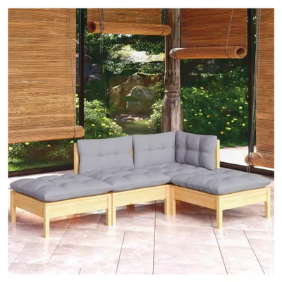Produktbild von 4-teiliges Balkon-Lounge-Set mit grauen Kissen aus massivem Kiefernholz