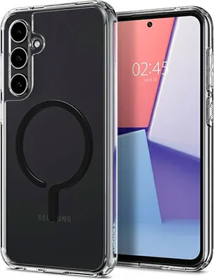 A clear phone case with a magnetic ring is shown next to a smartphone.