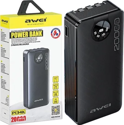 Produktbild von Awei Powerbank P134K 20000Mah Schwarz/Schwarz Display + Usb/Pd/Lightning/Microusb Kabel