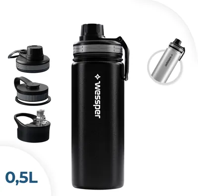 Obrázok produktu pre Wessper Fľaša na pitie z nehrdzavejúcej ocele 500 ml Nepriepustná termoska Fľaša Bpa-Free s 3 viečkami | Čierna elegantná fľaša na pitie Šport | Izolovaná fľaša Deti Dospelí Na kempovanie Bicykel Šport Outdoor