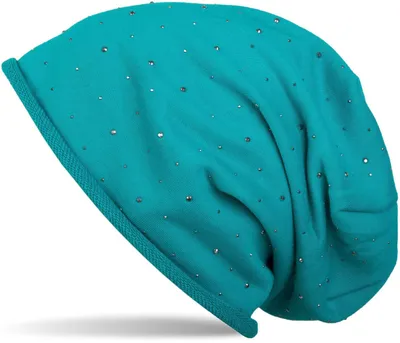 Produktbild von styleBREAKER Damen Beanie Strass Nieten Rollrand bis 59cm, Türkis-Blau