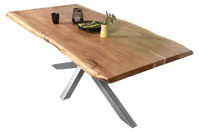 Produktbild von Esstisch Baumkante massiv Akazie Natur 280 x 110 Spider-Gestell silber CALI