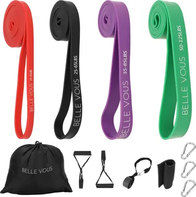Produktbild von Belle Vous (4er Pack) Fitness Band Set mit Tragetasche - 4 Stufen Widerstandsbänder Krafttraining, Dehnübungen, Yoga, Pilates & Heimtraining -