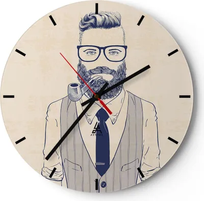Produktbild von Wanduhr - Rund - Glasuhr - Mann Pfeife - 30x30cm - Schleichendes Uhrwerk - Lautlos - zum Aufhängen bereit - Dekoration Modern - Wanddekoration aus Glas - C3AR30x30-3813