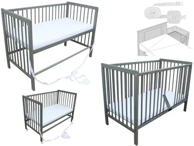 Produktbild von Kinderbett - Beistellbett - Babybett 120x60cm mit Matratze, Gurt und Rädern grau