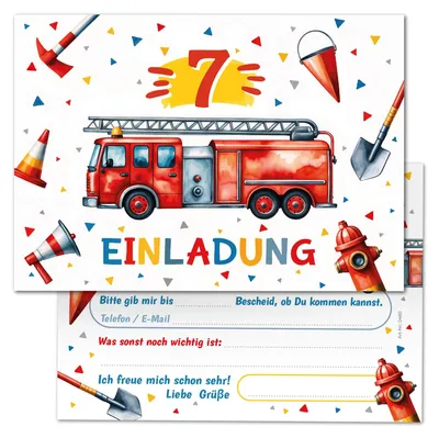 12 Einladungskarten Feuerwehr für den 7. Kindergeburtstag