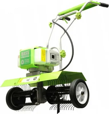 A green and white tiller on a white background.