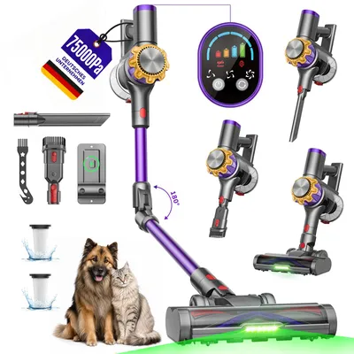 Produktbild von 75000Pa Akku staubsauger 600W/70Min.1,2L Staubbehälter,Ultraleiser Staubsauger Kabellos,65dB leise,OLED Display,H14-Filtersystem,handstaubsauger