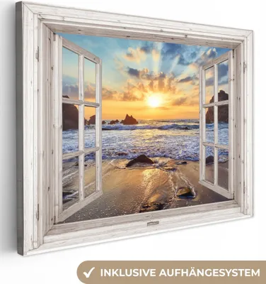 Produktbild von MuchoWow® - Leinwandbilder - Strand - Aussicht - Sonnenuntergang - Landschaft - Meer - Natur, Wandbild, Wanddeko Bilder Wohnzimmer, 40x30 cm