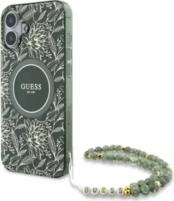 Obrázok produktu pre Guess GUHMP16SHCPOFPA iPhone 16 6,1" green/green Pevné puzdro IML Flowers Allover Electro With Pearl Strap MagSafe Protective Case