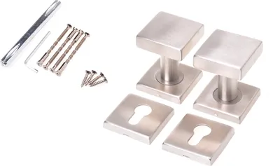 A set of door knobs and installation hardware, including screws and an Allen wrench, laid out on a white background.