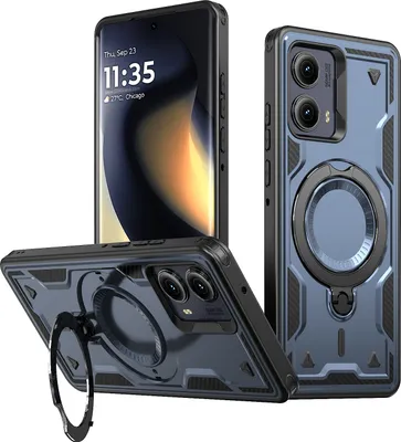 Produktbild von Dual Layer Hülle für Motorola Edge 2024 5G Metall Ring Ständer Magnetisch Stoßfest Militär Handyhülle Blau