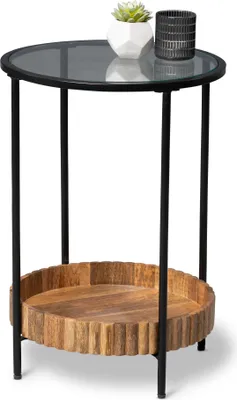 Produktbild von Beistelltisch - Ø 44 cm - Braun - Schwarz - Glas - Mangoholz massiv - Metallgestell - mit Ablage