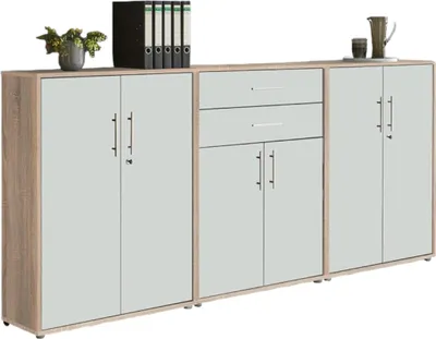 Produktbild von Aktenschrank TABOR 15 in Eiche Sonoma / weiß matt, Schrankwand, Büroschrank, abschließbar, Metallgriffe