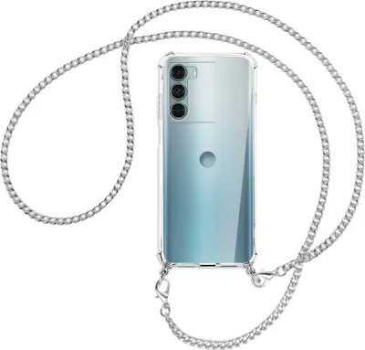Produktbild von Handykette Backcover-Schutzhülle mit Band (Metall silberfarben) für Motorola Moto G200 5G - silberfarbene Kette