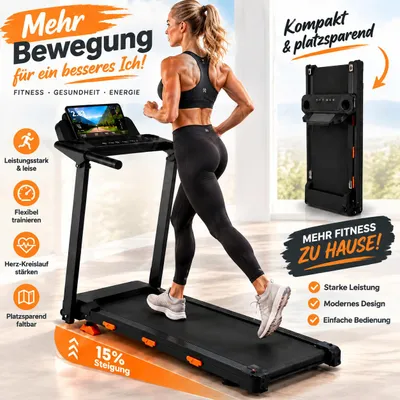 Obrázok produktu pre Bežežiací pás do domácnosti (kompaktný bežecký pás pre domáce použitie, bežiaca plocha 37x91 cm, plynulá regulácia sklonu až do 15 stupňov), fitness bežecký pás pre domáce použitie, robustná konštrukcia, maximálna nosnosť 120 kg