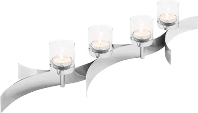 Zdjęcie produktu dla Fink MELODY, świecznik na świece typu tealight, 4-komorowy, niklowany, srebrny, długość: 89 cm, szerokość: 22 cm, wysokość: 15 cm. Wysokość: 15,00 cm, Szerokość: 22,00 cm, Głębokość: 89,00 cm. Numer produktu: 158623