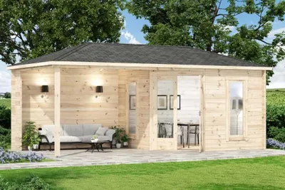 Produktbild von Alpholz 5-Eck Gartenhaus Liwa aus naturbelassenem Holz mit 40mm Wandstärke und Walmdach, Größe: 595 x 300 cm