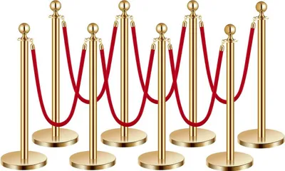Produktbild von 8 Stück goldene Absperrpfosten, 6 rote Samtseile, Sandgefüllte Hohlbasis