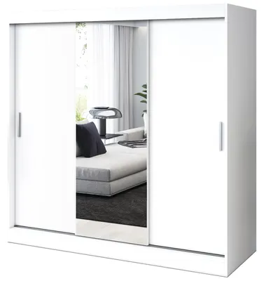 Produktbild von Kleiderschrank mit Spiegel - 200x200cm - Weiß Matt - Schiebetürenschrank HUGO - 3-türig - mit 4 Kleiderstangen