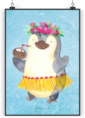 Produktbild von Mr. & Mrs. Panda Bild Pinguin Kokosnuss DIN A5 - Eisblau - Geschenk, Plakat, Wandschmuck, wanddeko, Hawaii, Pinguine, drucke, Kunstdruck, Erholt, Urlaub